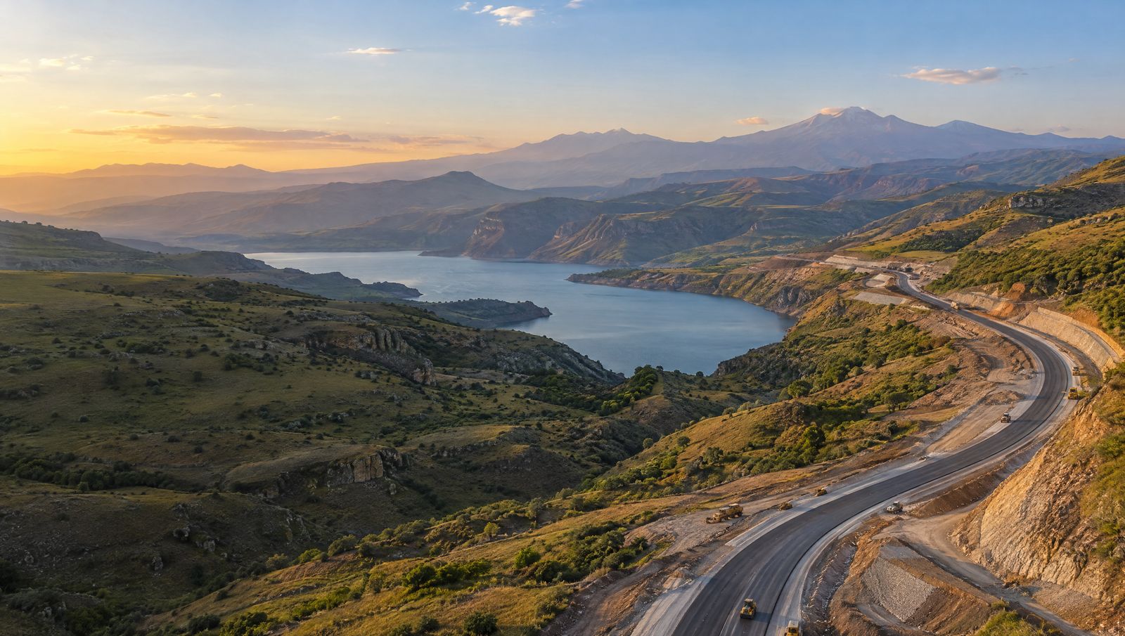 A new highway curving through the Armenian highlands above a reservoir at dawn
