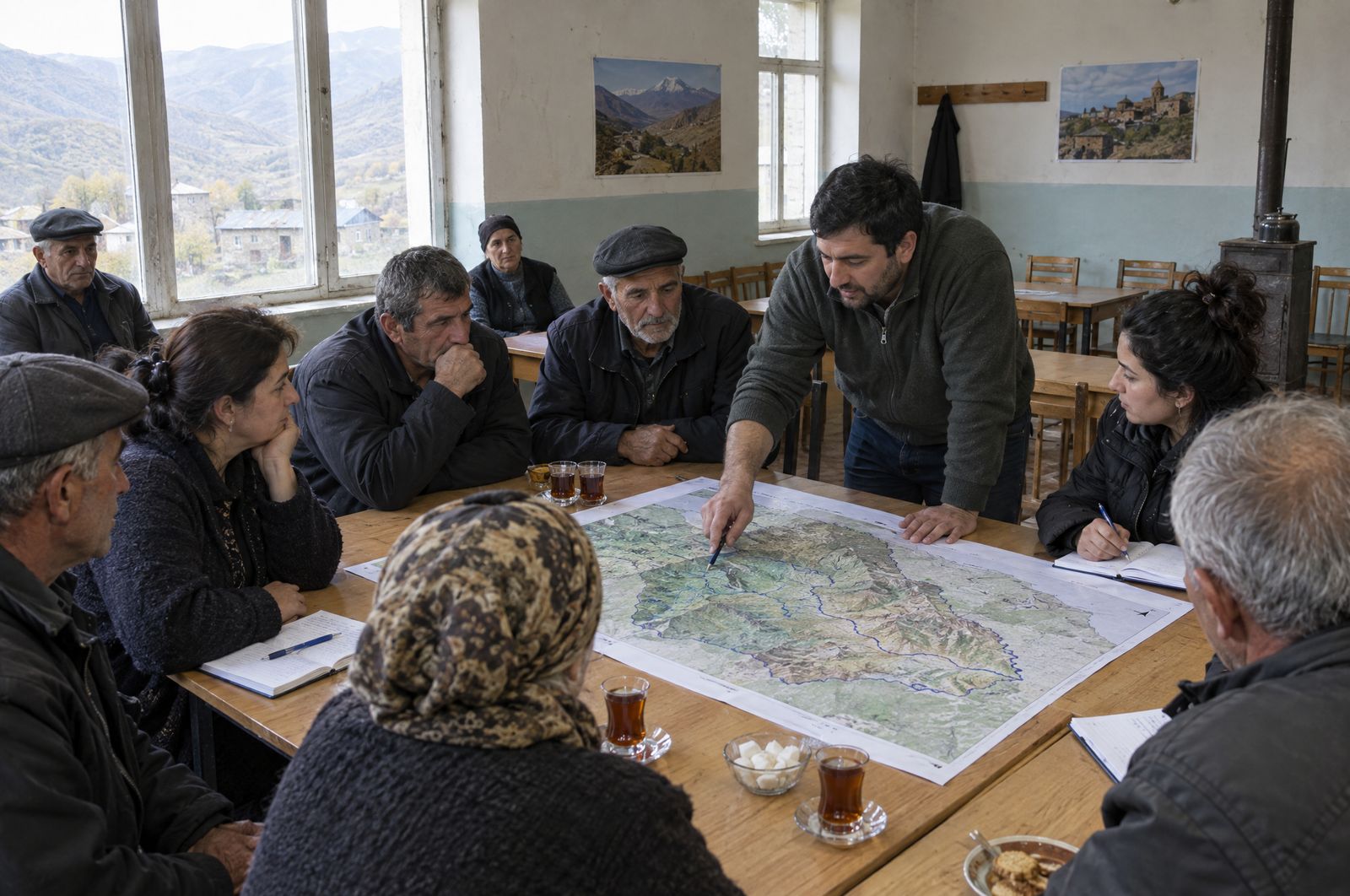 Village residents and a consultant discussing a watershed map