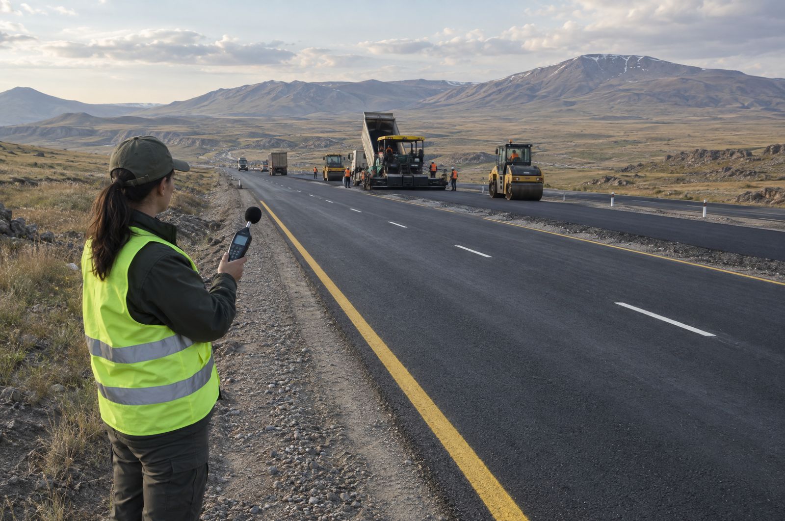 Environmental officer measuring noise beside a new highway section