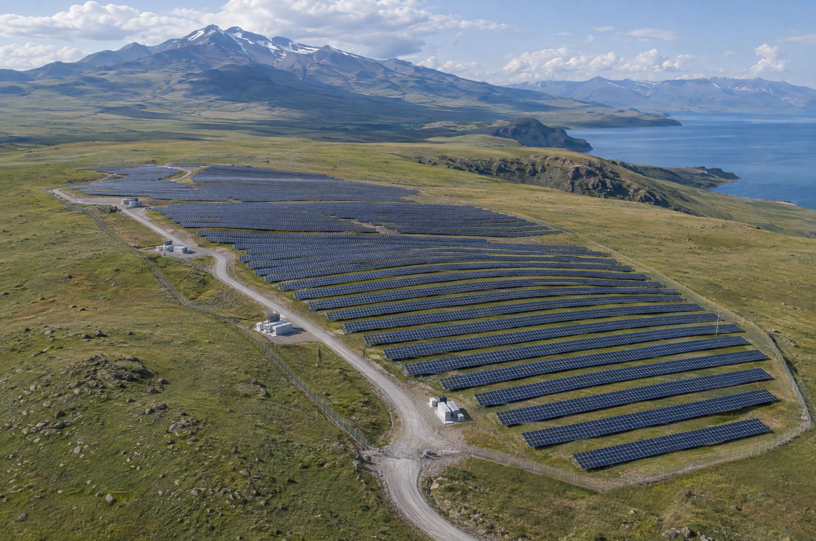 Aerial view of a solar plant on a high plateau near a lake