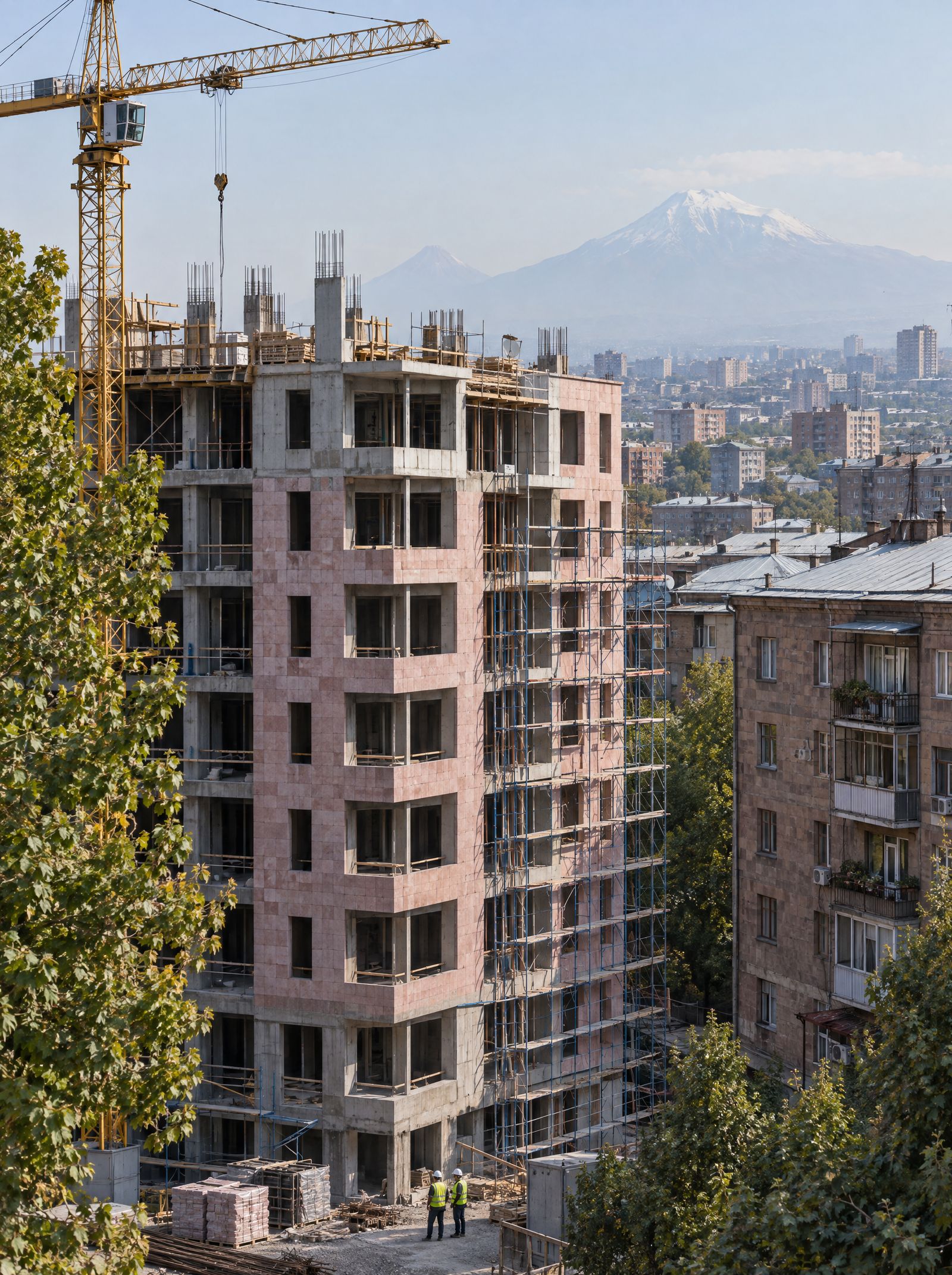 Residential building under construction in Yerevan with a tower crane