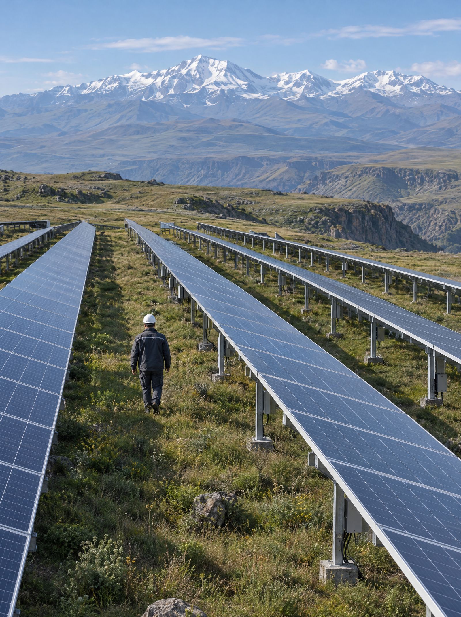 Technician walking between rows of solar panels on a plateau
