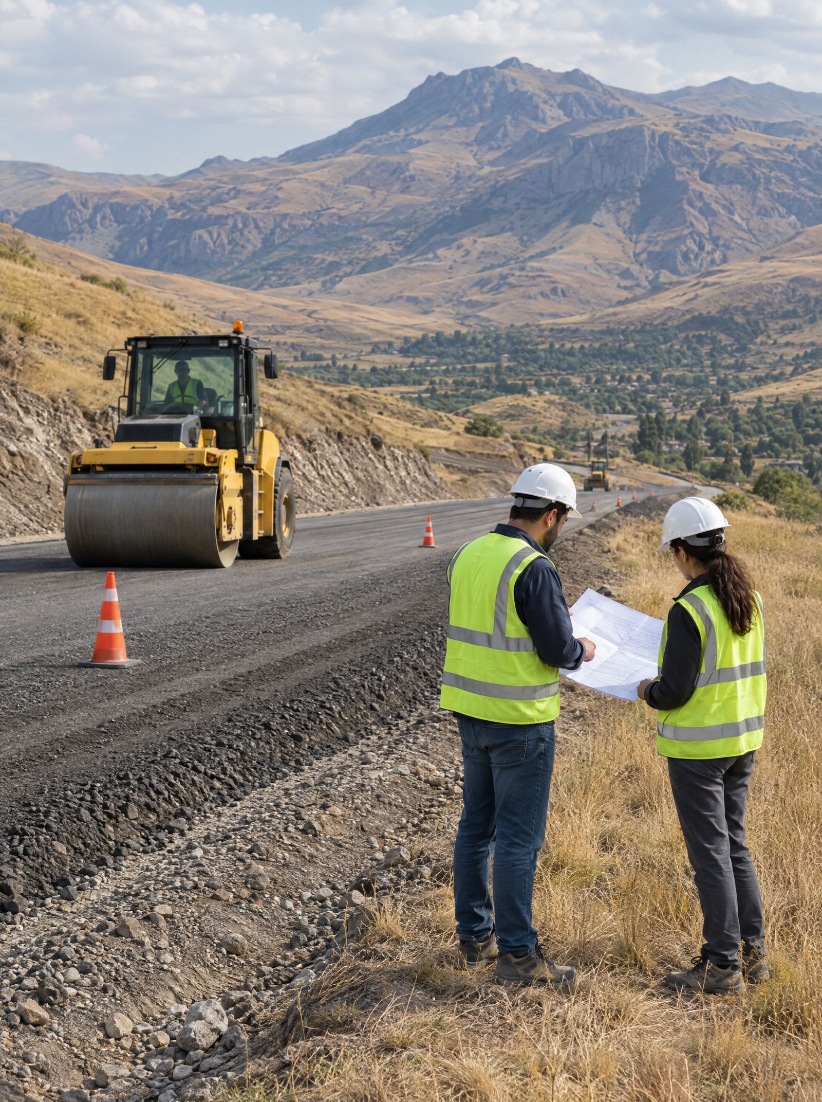 Engineers reviewing drawings beside a road under construction
