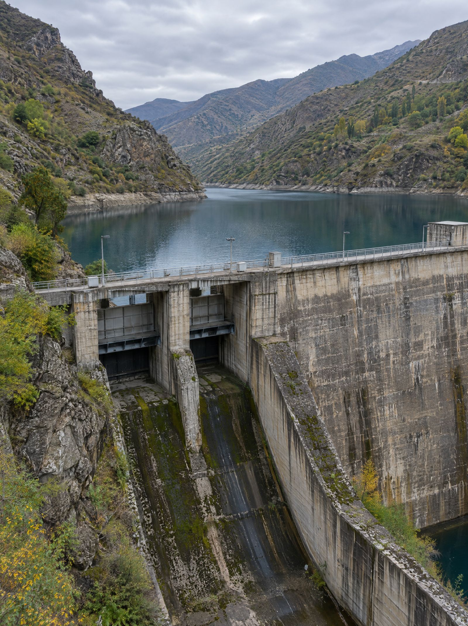 Concrete dam and spillway in a mountain valley